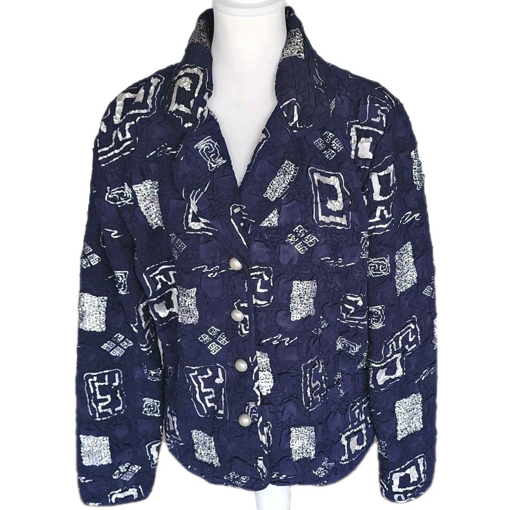 Tally Ho Jacket Blazer Womens‎ Medium Navy Silver Foil Embossed Crinkle Holiday